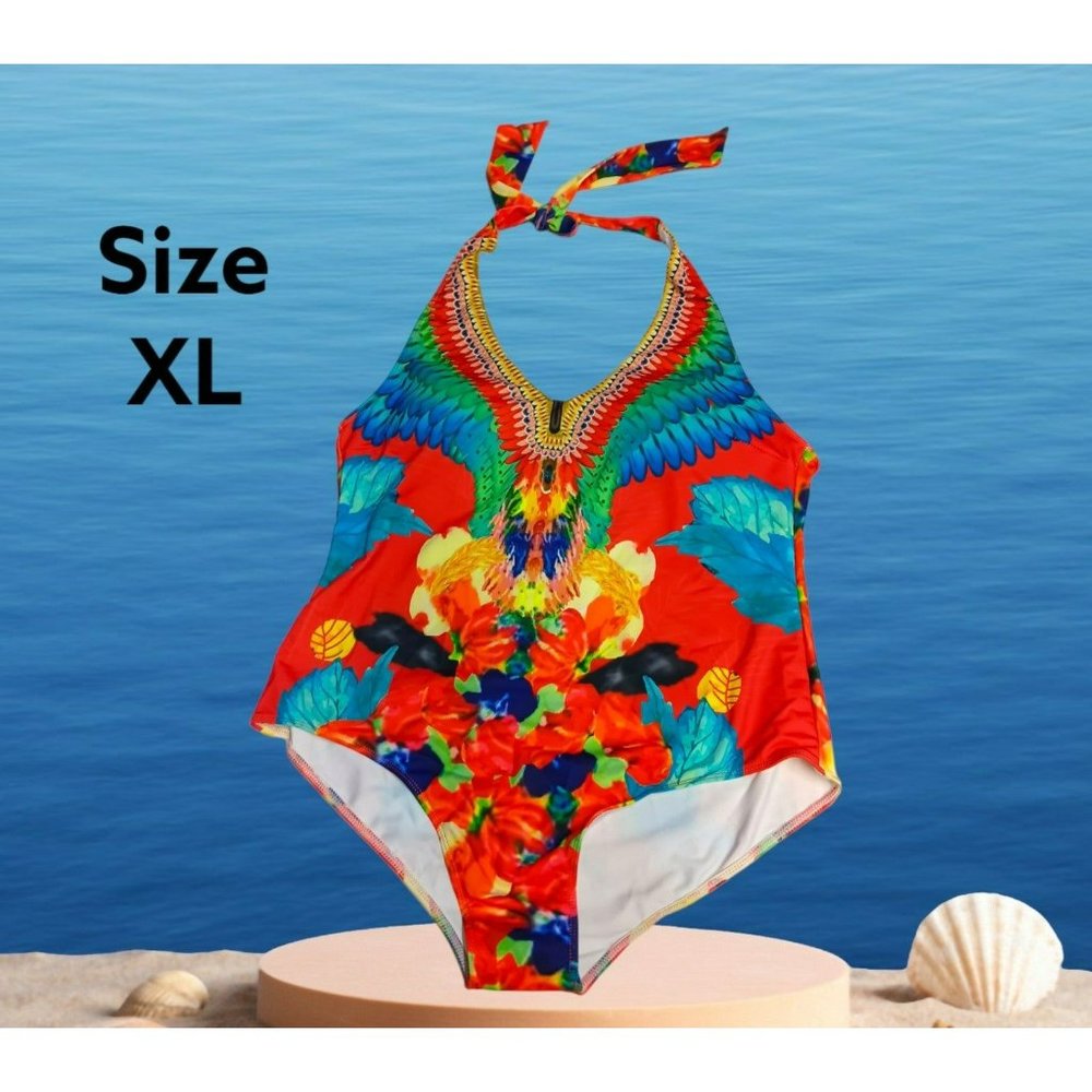 One piece Bright Tropical Halyer top open back- Bathing Suit Size XL